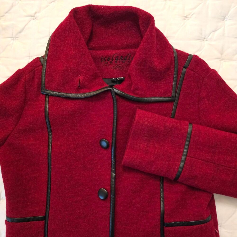 Icelandic Design Womens L Red 100% Boiled Wool Coat Faux Leather Trim